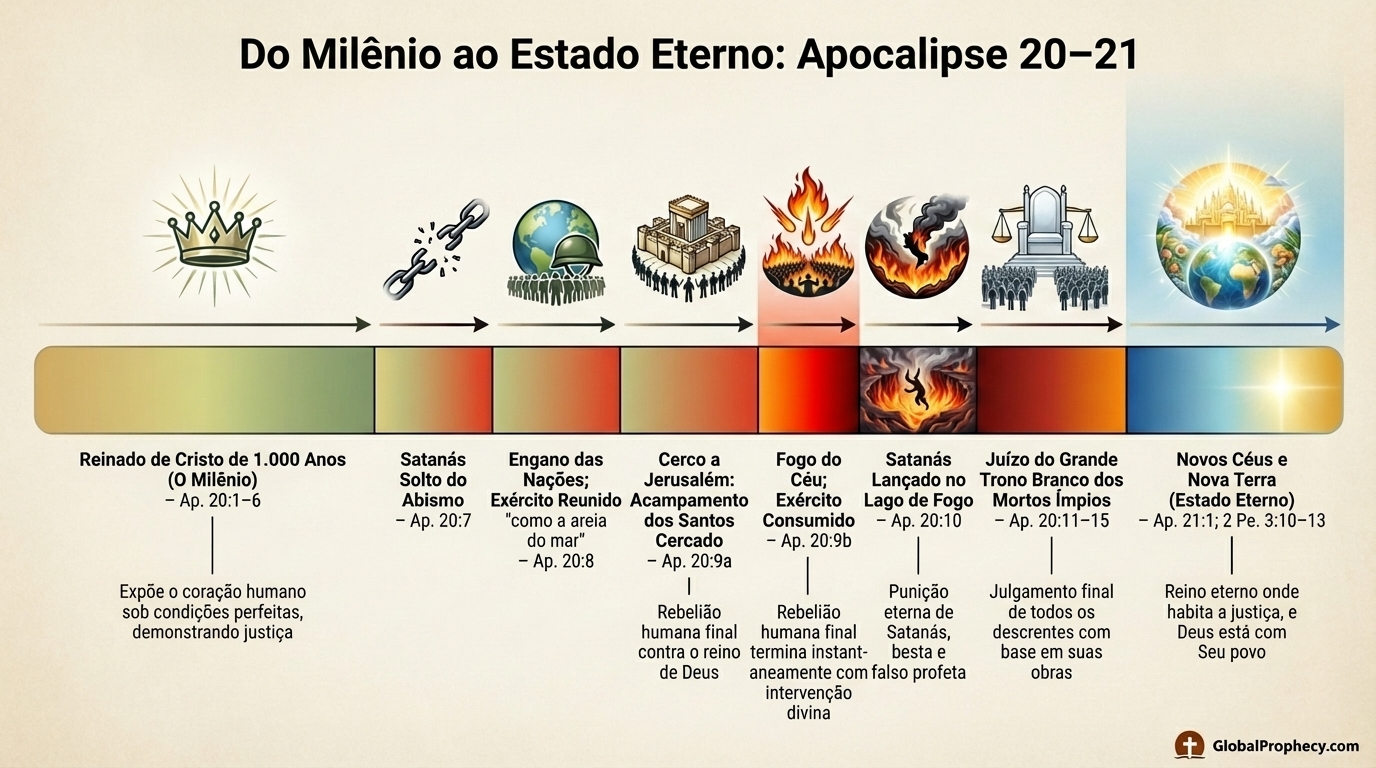 Infográfico cronológico de eventos do Milênio ao estado eterno em Apocalipse 20–21.