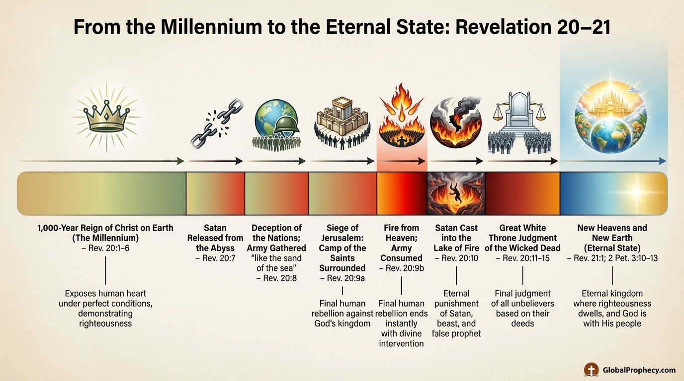 Timeline infographic of events from the Millennium to the eternal state in Revelation 20–21.