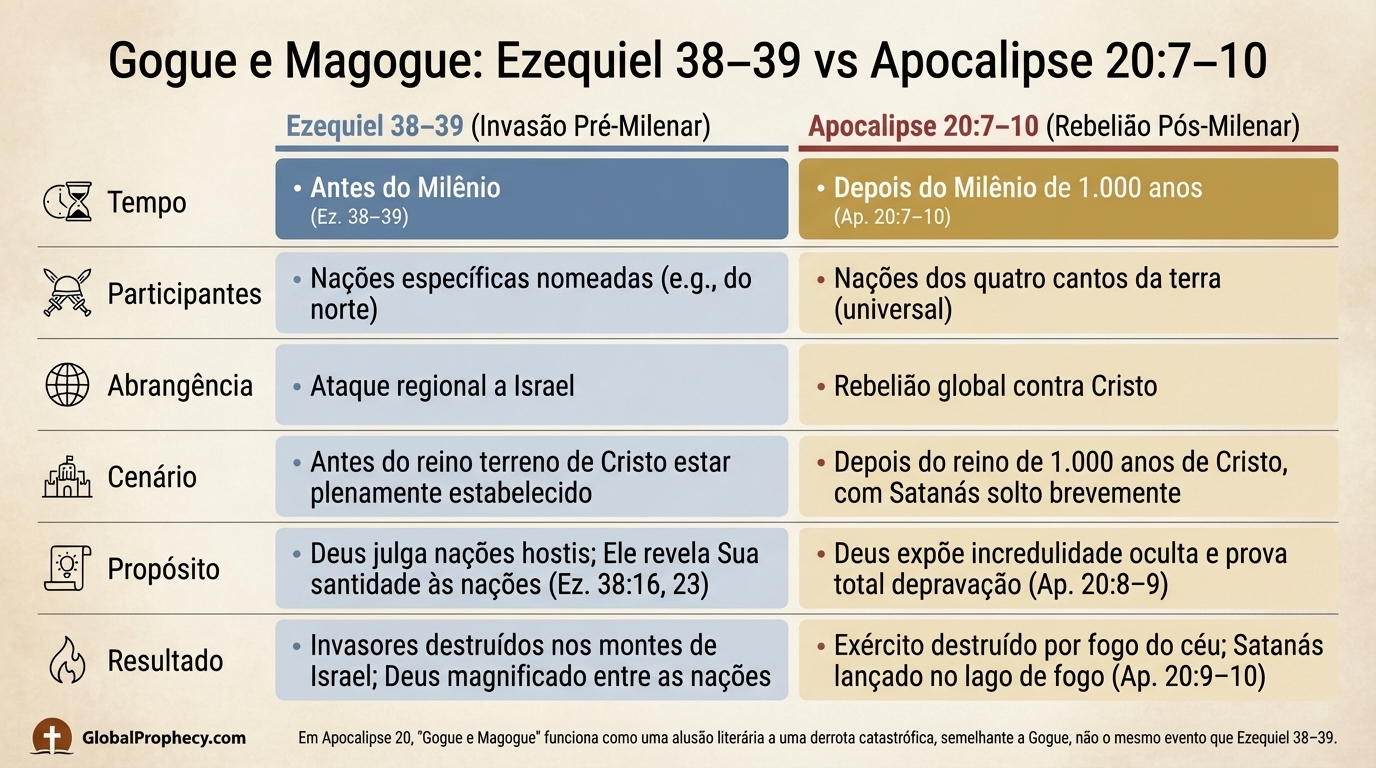 Infográfico comparando Gog e Magog em Ezequiel 38–39 com Apocalipse 20:7–10.