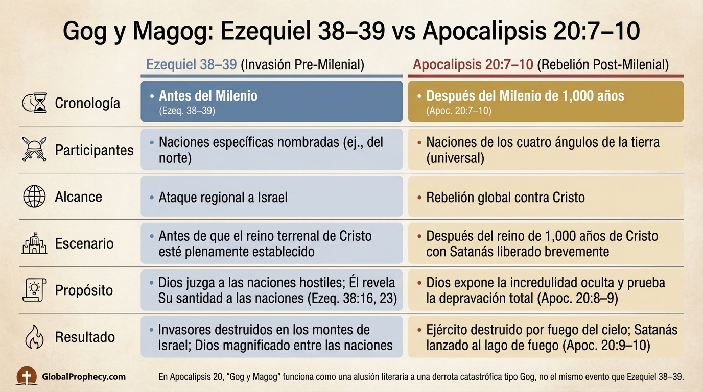 Infografía que compara a Gog y Magog en Ezequiel 38–39 con Apocalipsis 20:7–10.