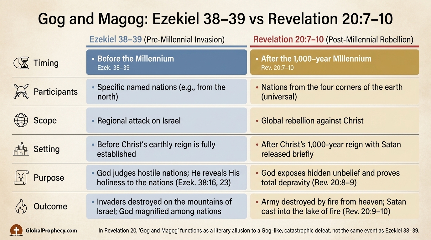 Infographic comparing Gog and Magog in Ezekiel 38–39 with Revelation 20:7–10.