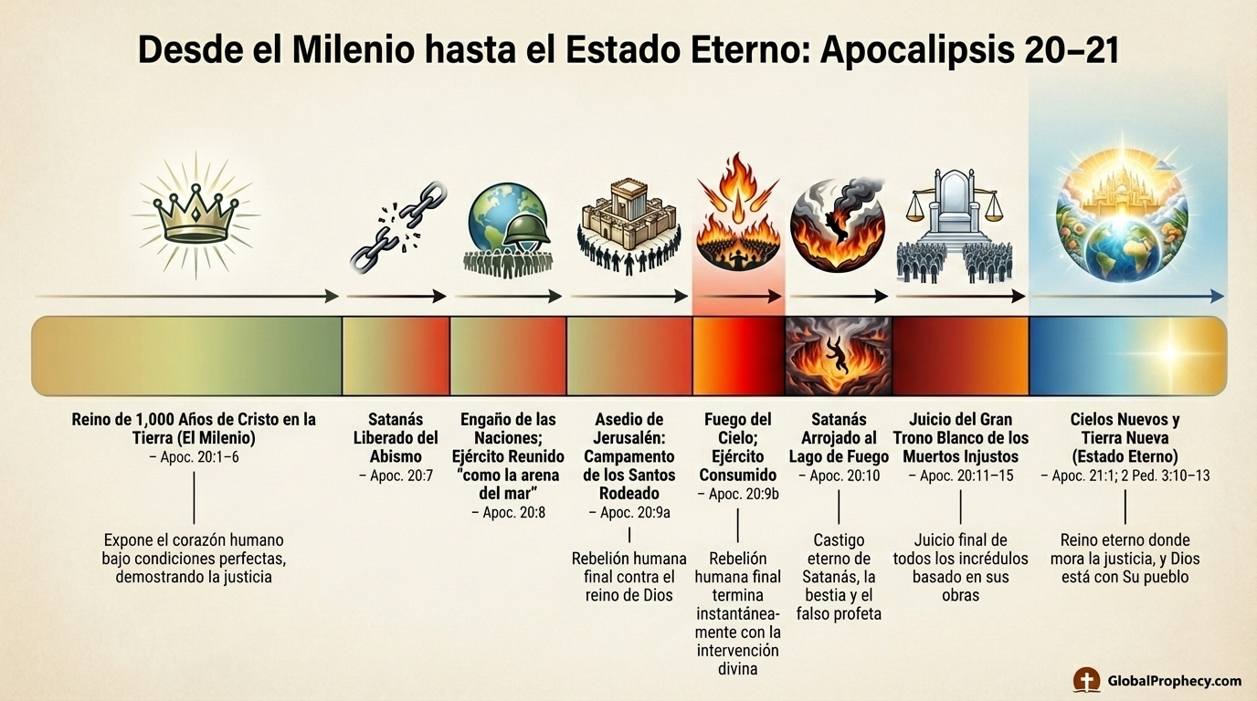 Infografía cronológica de eventos desde el Milenio hasta el estado eterno en Apocalipsis 20-21.