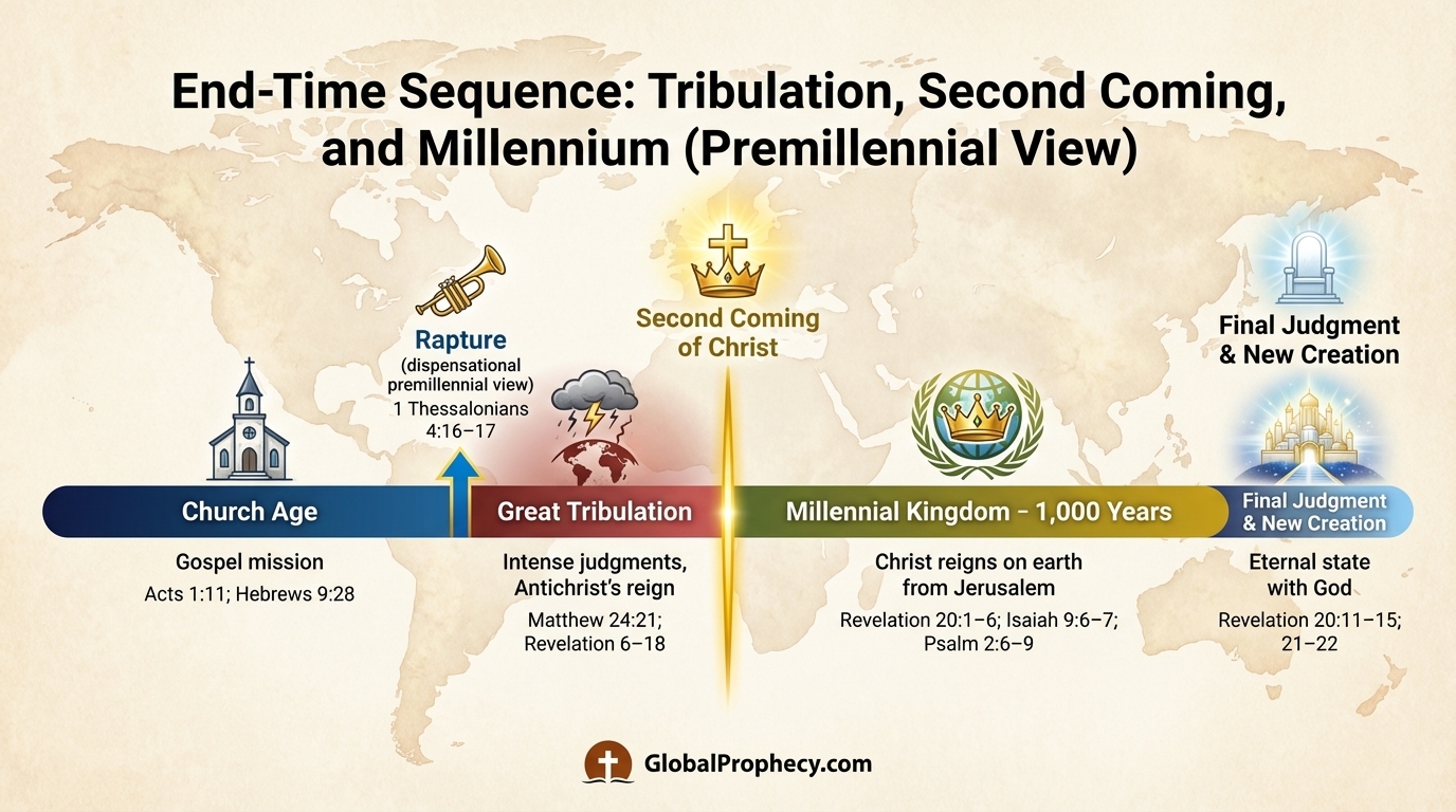 Infographic timeline of the Great Tribulation, Second Coming of Christ, and millennial kingdom in premillennial order.