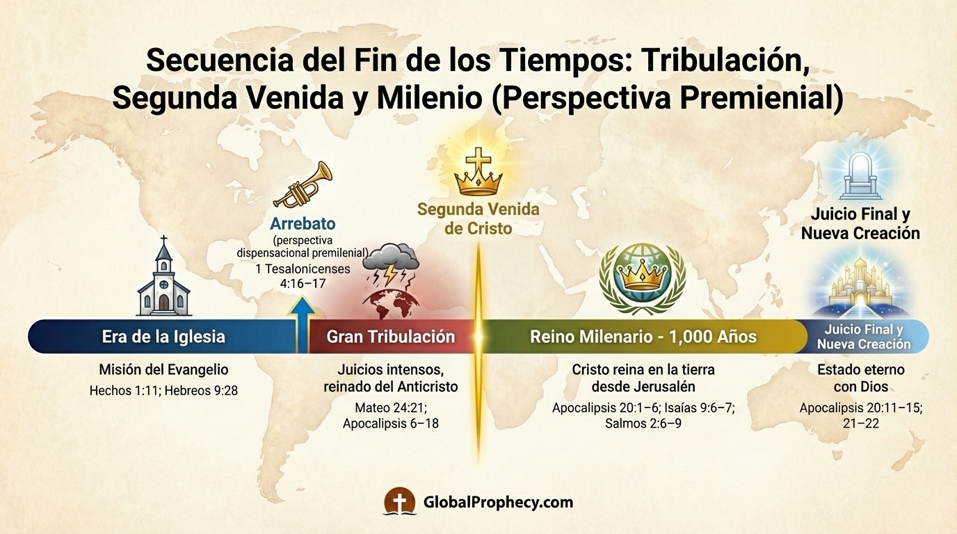 Línea de tiempo infográfica de la Gran Tribulación, la Segunda Venida de Cristo y el reino milenial en orden premilenial.