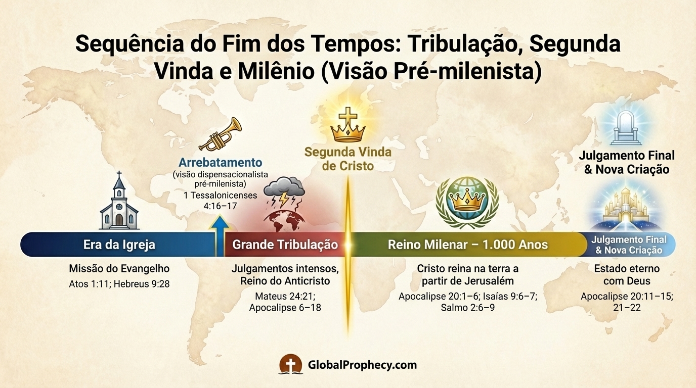 Linha do tempo infográfica da Grande Tribulação, Segunda Vinda de Cristo e reino milenar em ordem pré-milenar.