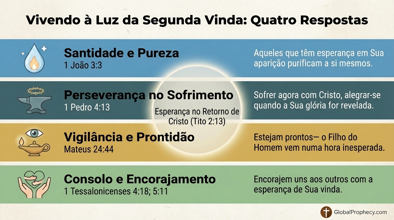 Infográfico mostrando quatro respostas práticas à Segunda Vinda: santidade, perseverança, vigilância e conforto.