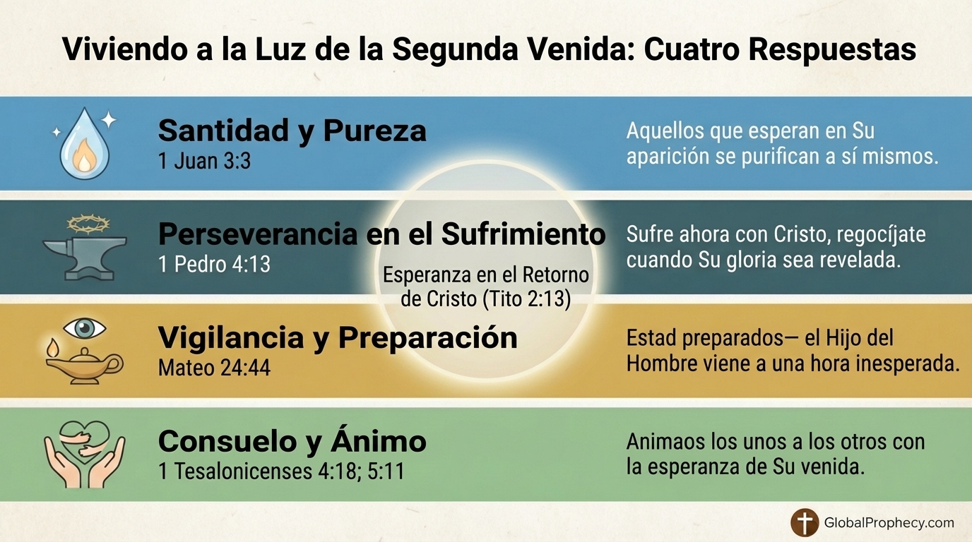 Infografía que muestra cuatro respuestas prácticas a la Segunda Venida: santidad, perseverancia, vigilancia y consuelo.