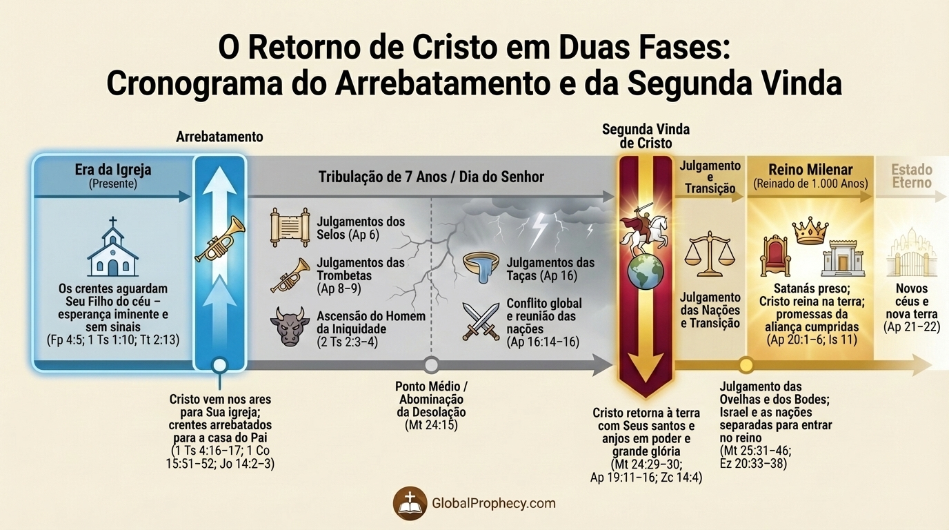 Infográfico cronológico do retorno em duas fases de Cristo: o Arrebatamento antes da Tribulação e a Segunda Vinda depois dela.