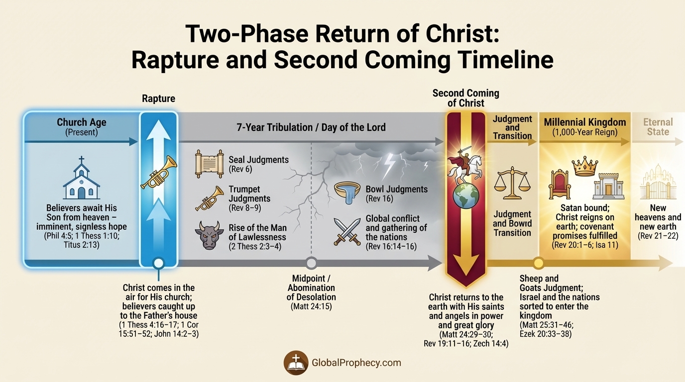 Timeline infographic of Christ’s two-phase return: the Rapture before the Tribulation and the Second Coming after it.