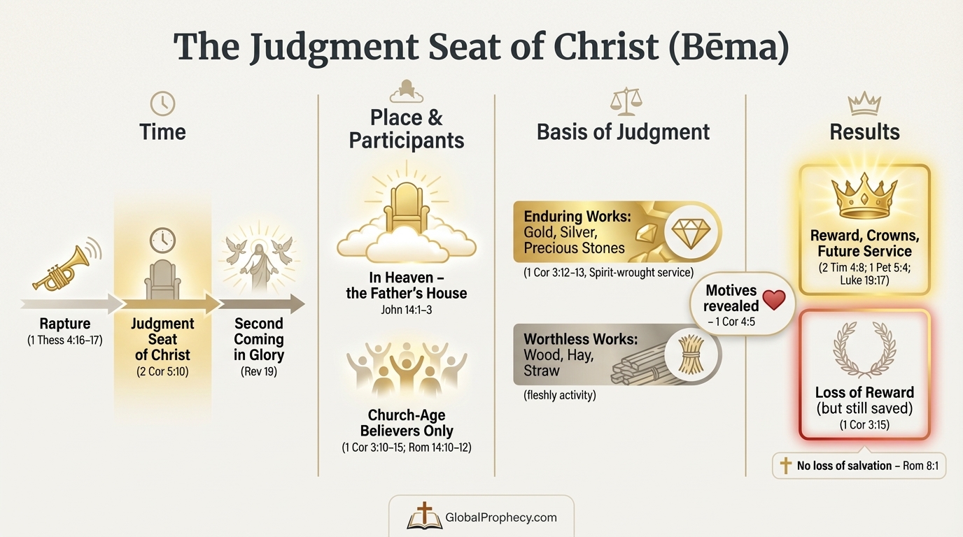 Infographic explaining the Judgment Seat of Christ, its time, participants, basis, and results.