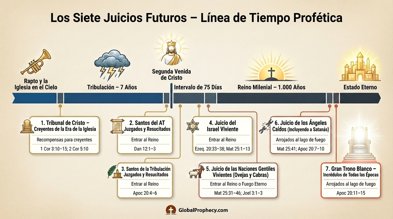 Línea de tiempo profética horizontal que muestra los siete juicios futuros desde el Rapto hasta el estado eterno.