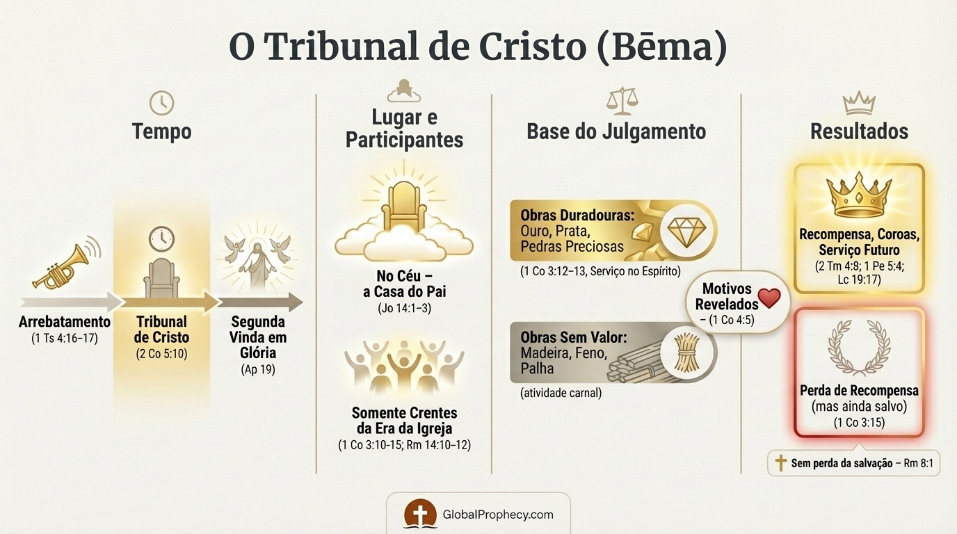 Infográfico explicando o Tribunal de Cristo, seu tempo, participantes, base e resultados.