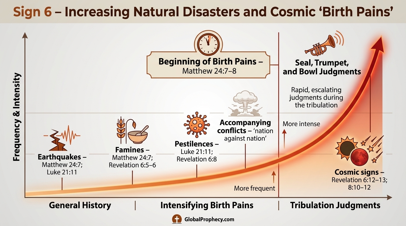 Chart illustrating end-time natural disasters as increasing birth pains in biblical prophecy.