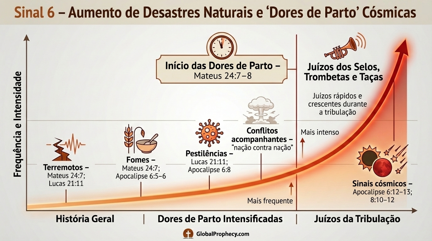 Gráfico ilustrando desastres naturais do fim dos tempos como dores de parto crescentes na profecia bíblica.
