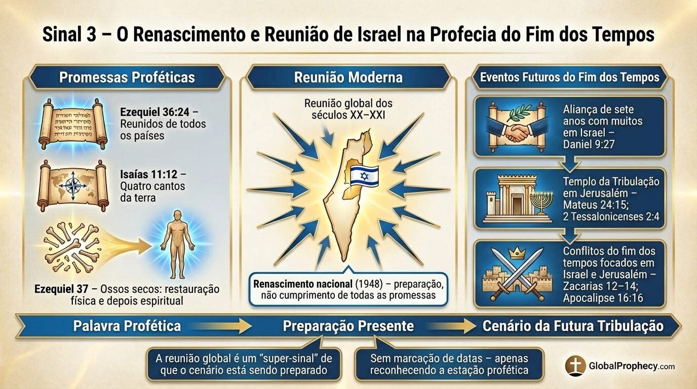 Infográfico mostrando a reunificação de Israel e seu papel nos eventos proféticos do fim dos tempos.