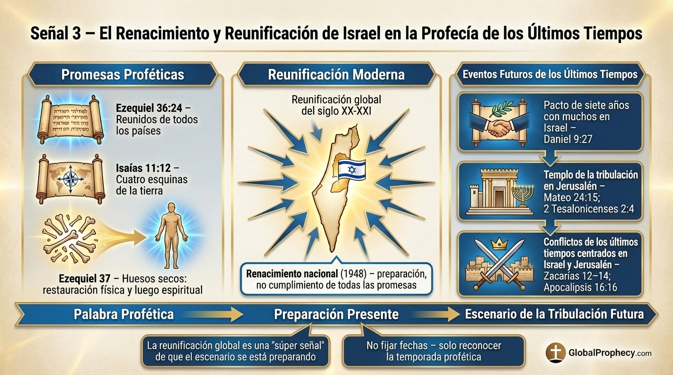 Infografía que muestra la reunificación de Israel y su papel en los eventos proféticos del fin de los tiempos.