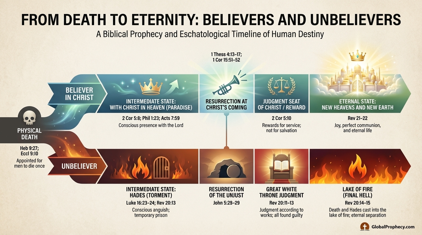 Timeline comparing the paths of believers and unbelievers from death through Hades to final eternal destiny.