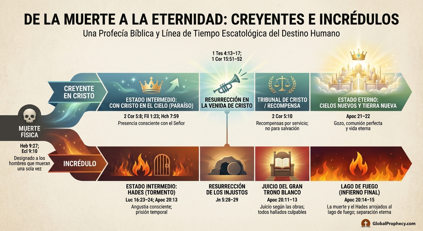 Línea de tiempo que compara los caminos de creyentes y no creyentes desde la muerte a través de Hades hasta el destino eterno final.