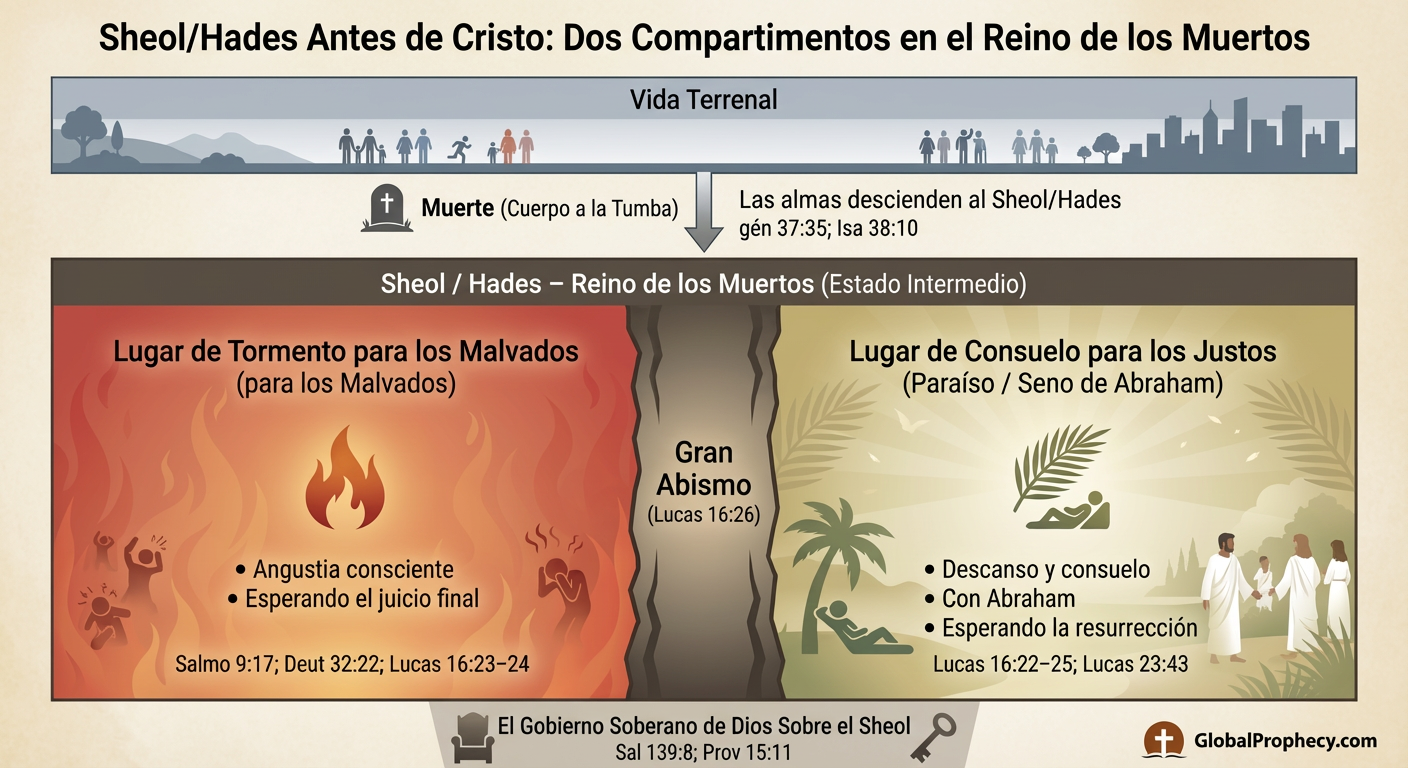 Infografía de Sheol o Hades antes de Cristo mostrando dos compartimentos para los muertos justos y los malvados.