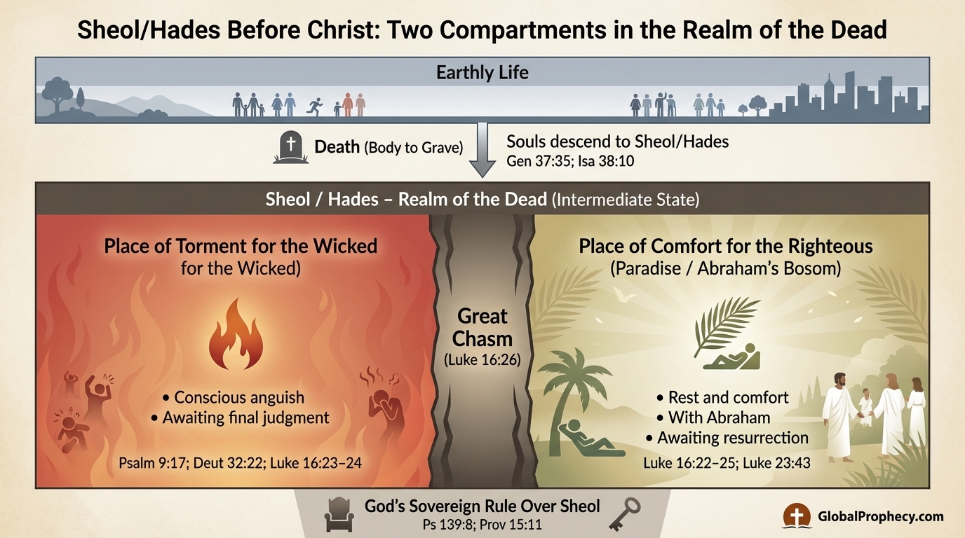 Infographic of Sheol or Hades before Christ showing two compartments for righteous and wicked dead.