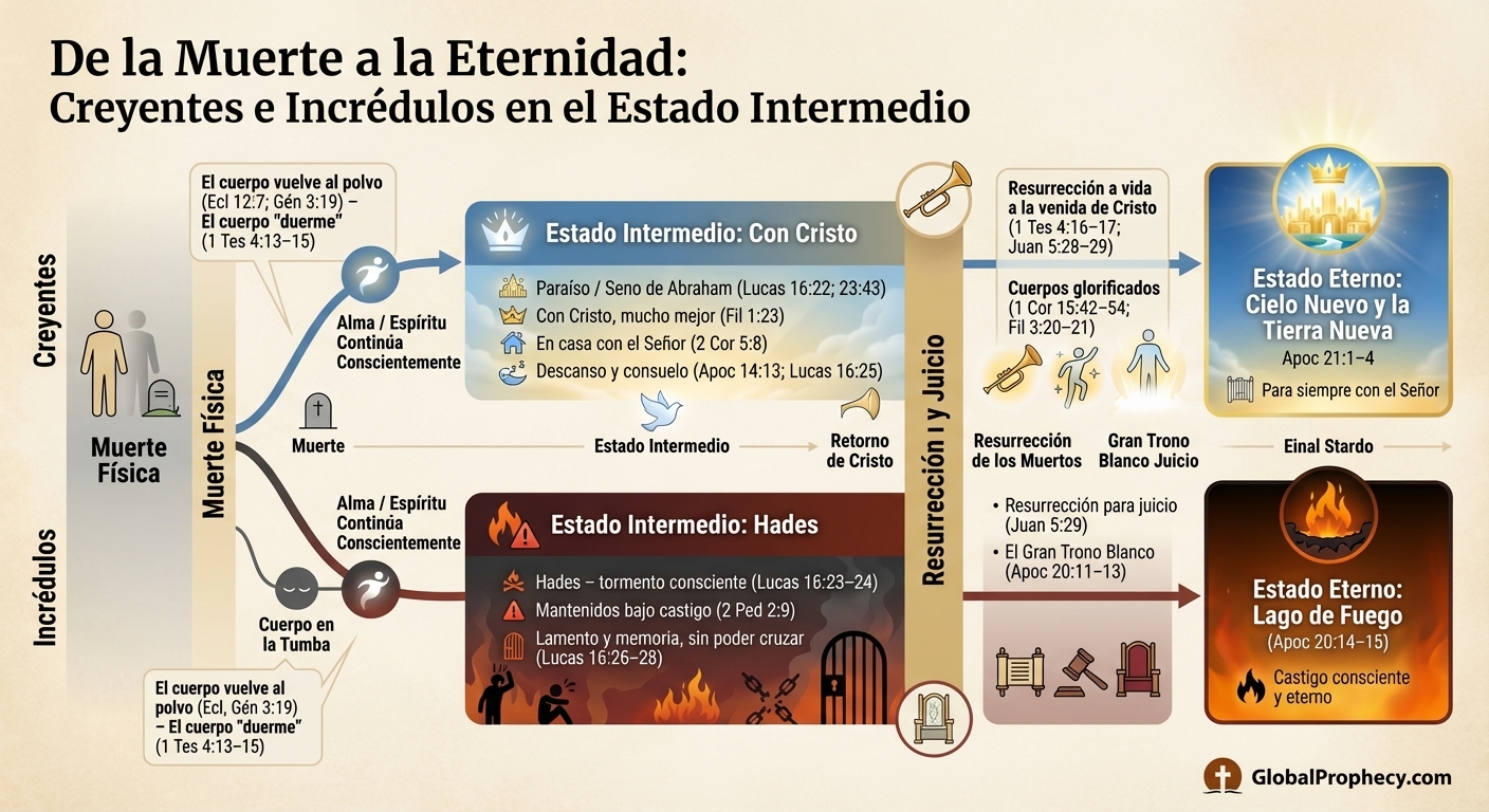Línea de tiempo de dos pistas que compara el estado consciente de creyentes y no creyentes desde la muerte hasta la eternidad.