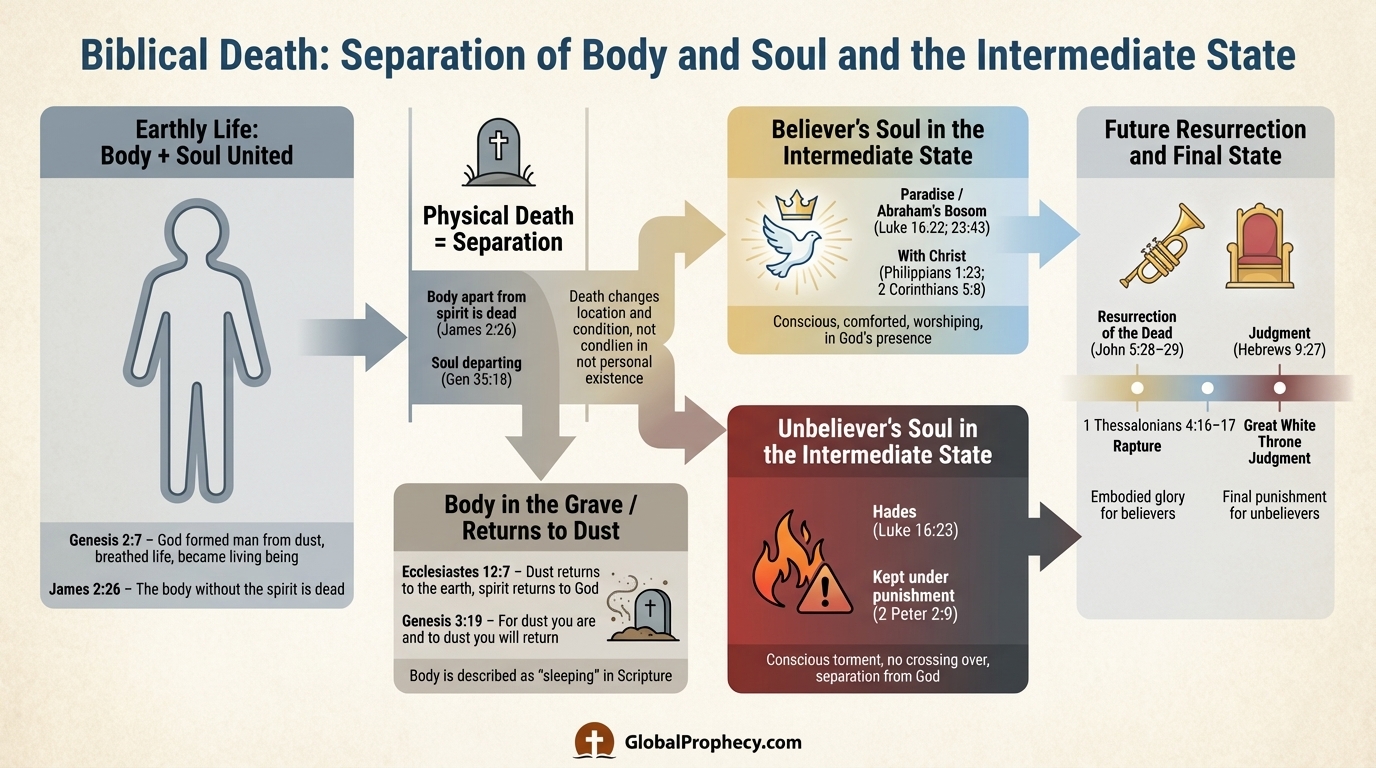 Infographic showing biblical death as separation of body and soul and the intermediate state paths.