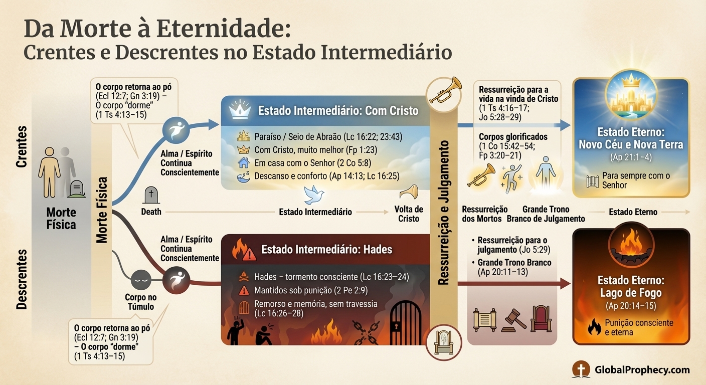 Linha do tempo em duas faixas comparando o estado consciente de crentes e descrentes da morte à eternidade.