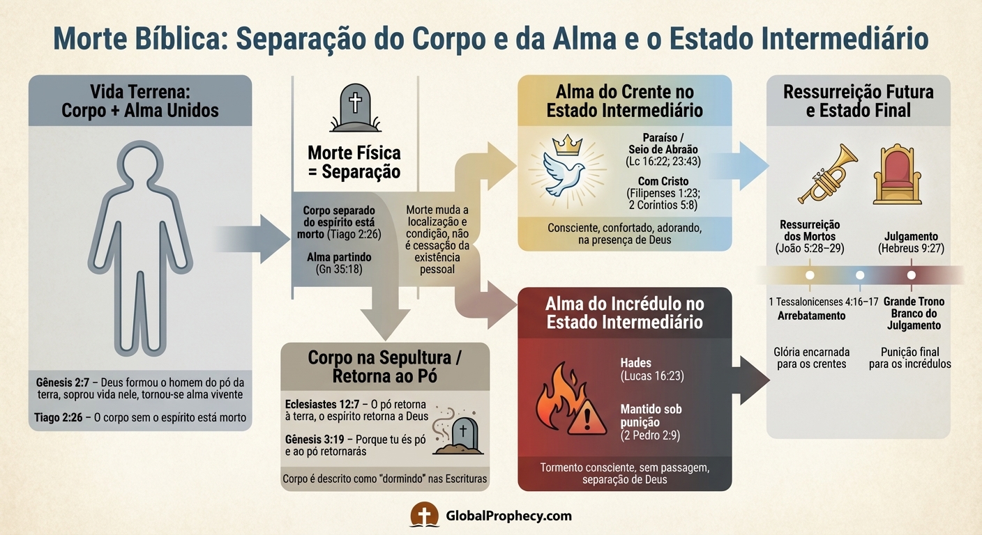 Infográfico mostrando a morte bíblica como a separação do corpo e da alma e os caminhos do estado intermediário.