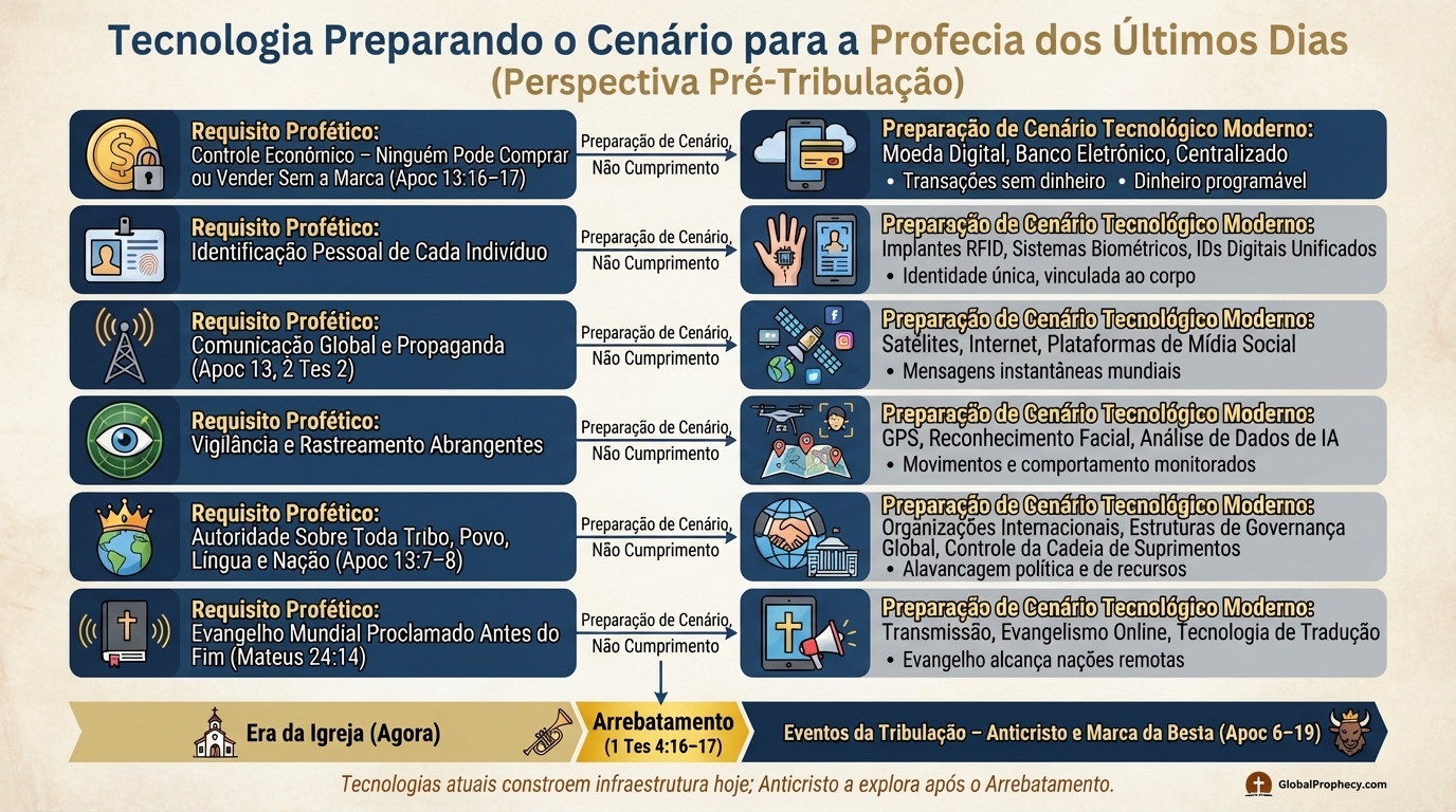 Gráfico informativo mapeando requisitos proféticos do fim dos tempos às capacidades tecnológicas modernas.