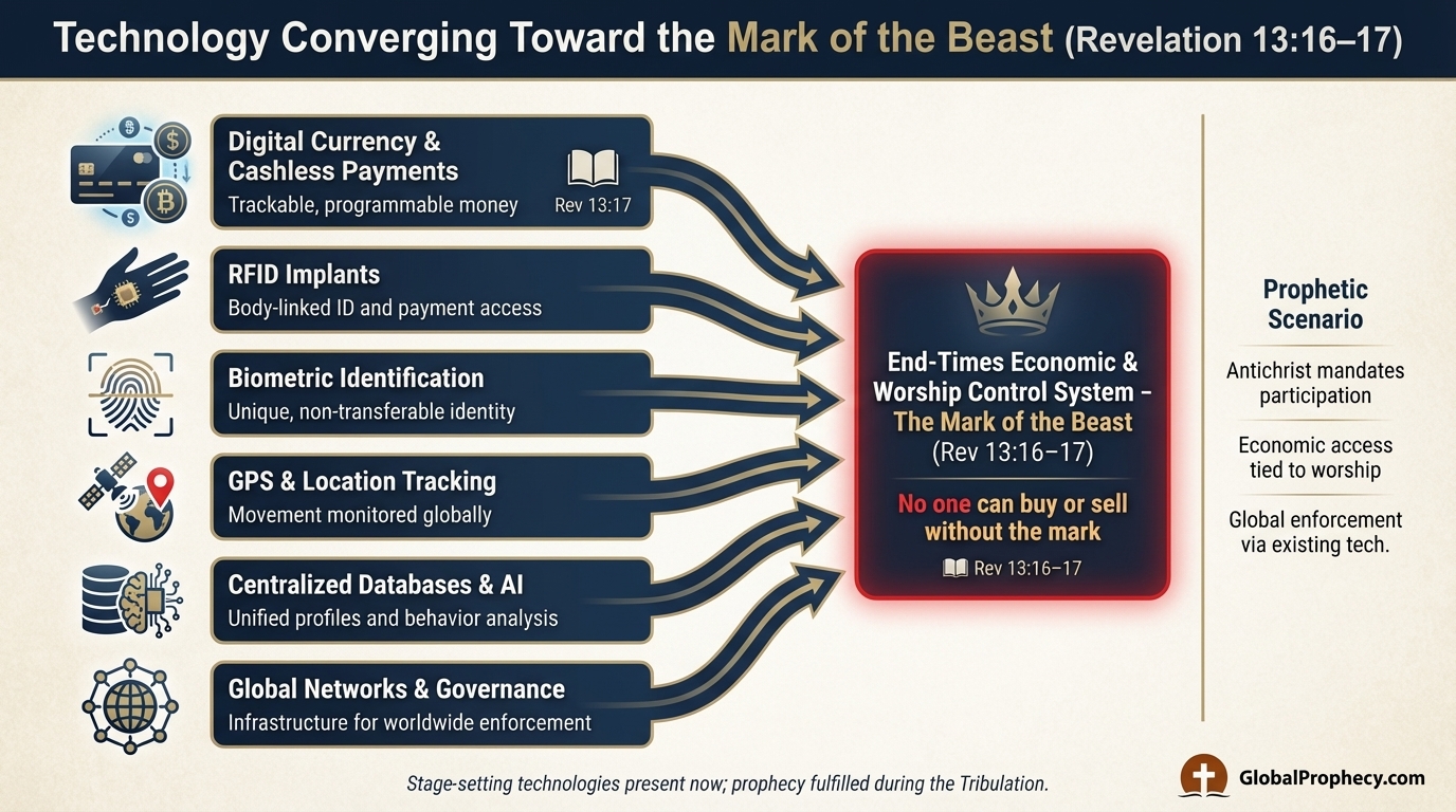 Infographic showing modern technologies converging into a mark of the beast control system