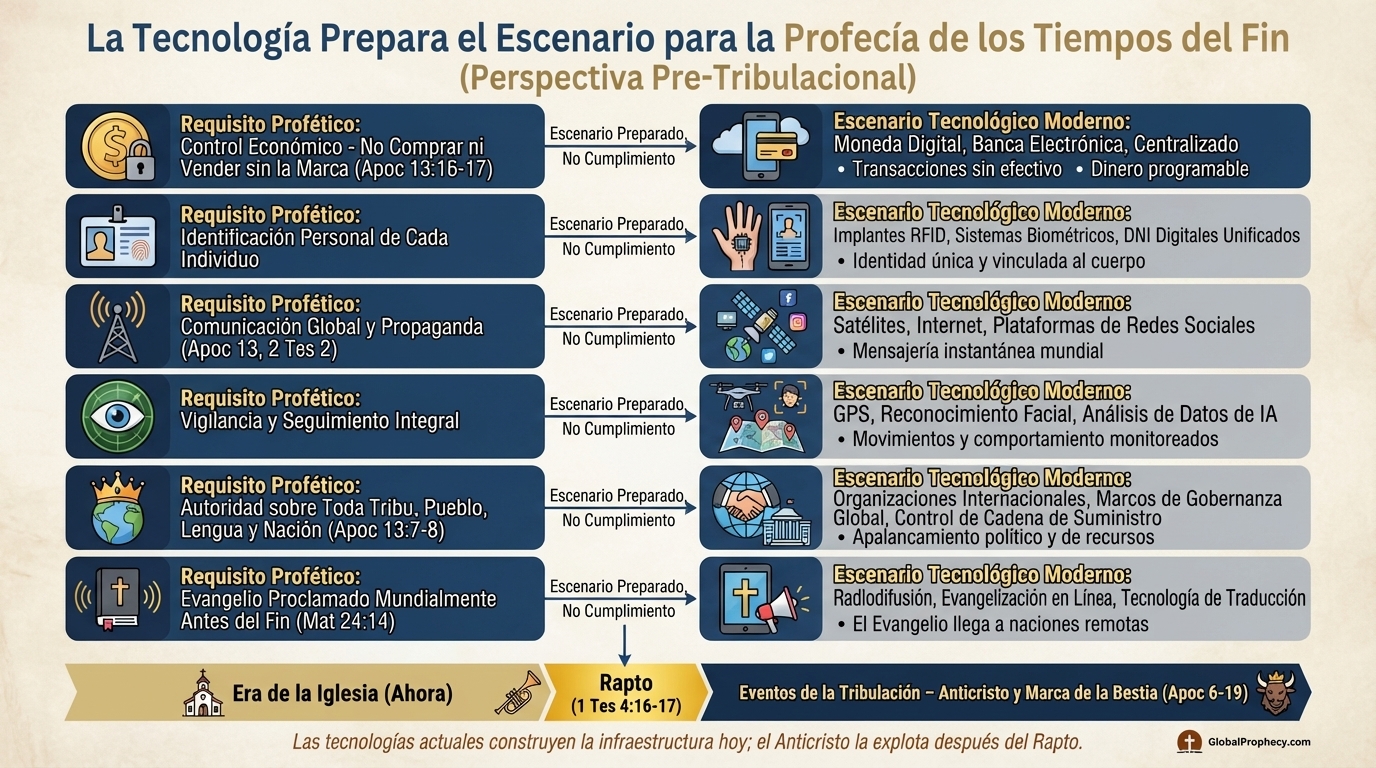 Gráfico infográfico que mapea los requisitos proféticos de los últimos tiempos con las capacidades tecnológicas modernas.