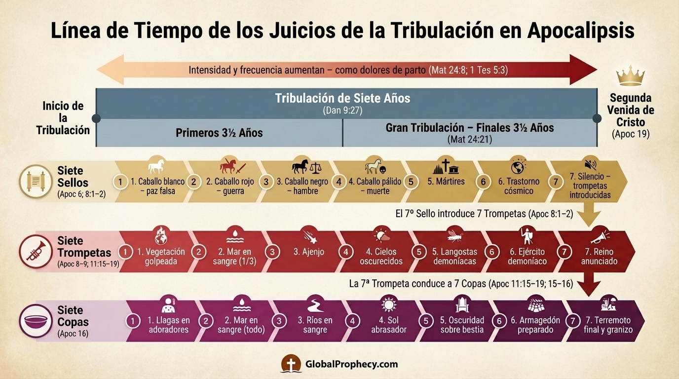 Línea de tiempo infográfica de la tribulación de siete años mostrando los juicios de sellos, trompetas y copas en orden.