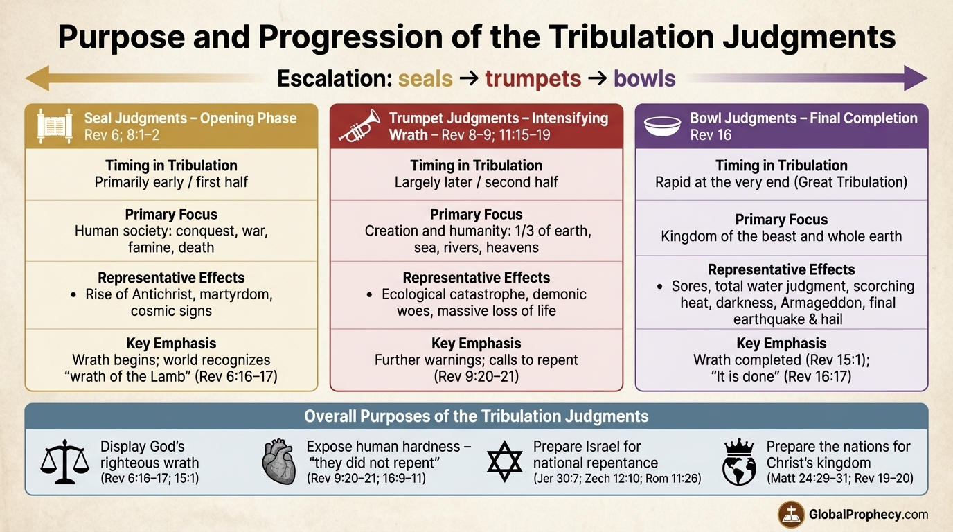 Comparison chart showing the progression and purposes of seal, trumpet, and bowl judgments.
