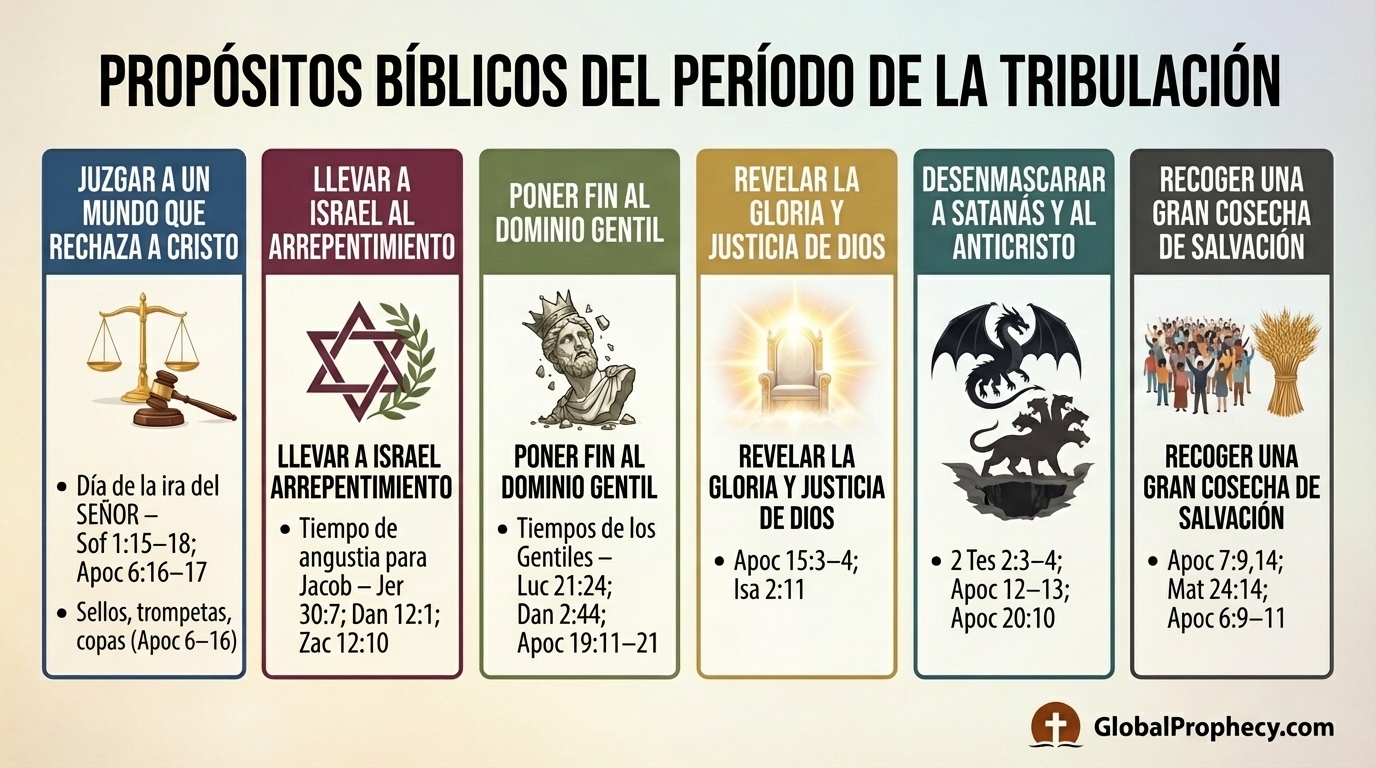 Infografía que resume seis propósitos bíblicos del período de tribulación con íconos y referencias.
