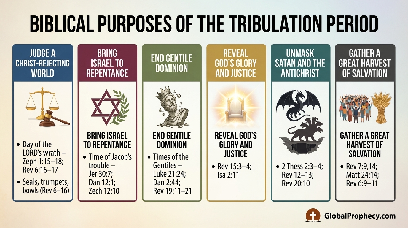 Infographic summarizing six biblical purposes of the tribulation period with icons and references.