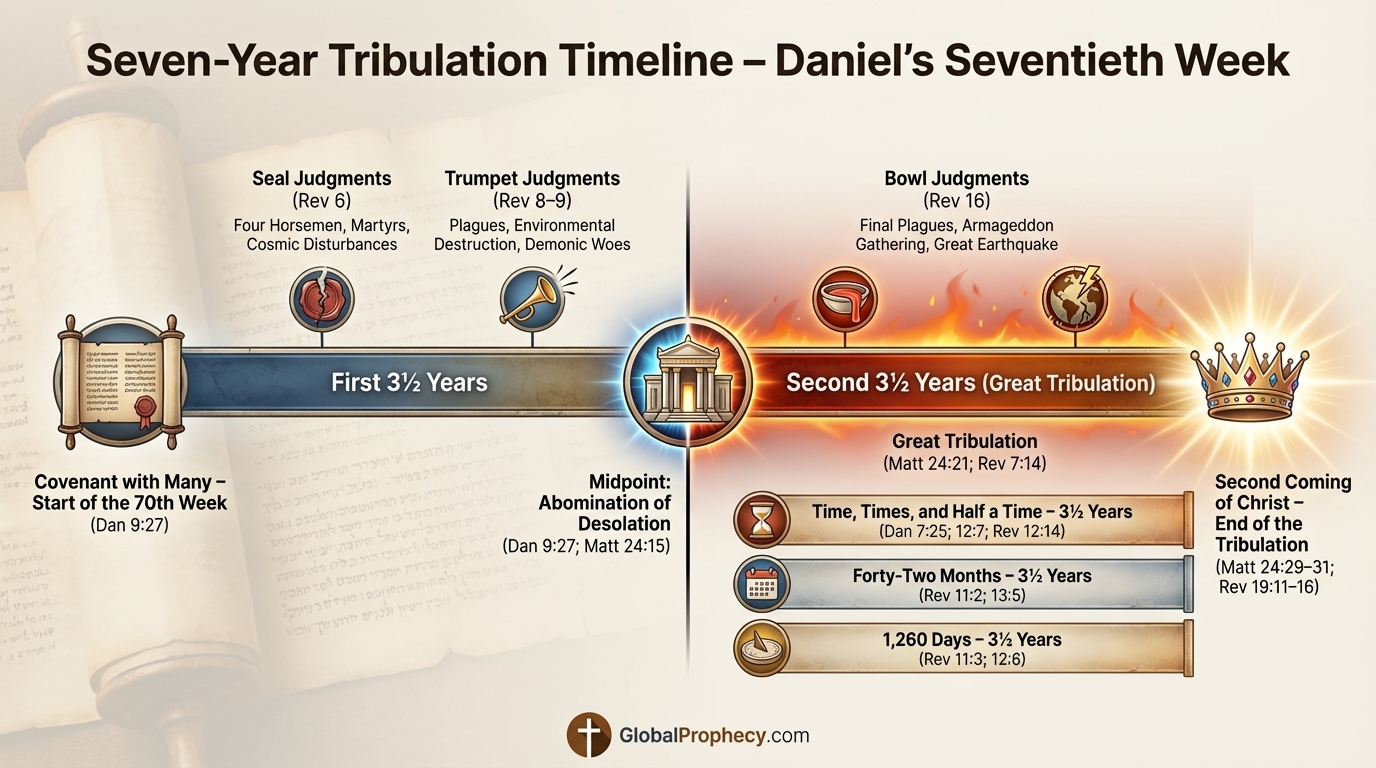 Infographic timeline of the seven-year tribulation with key events and Bible references.
