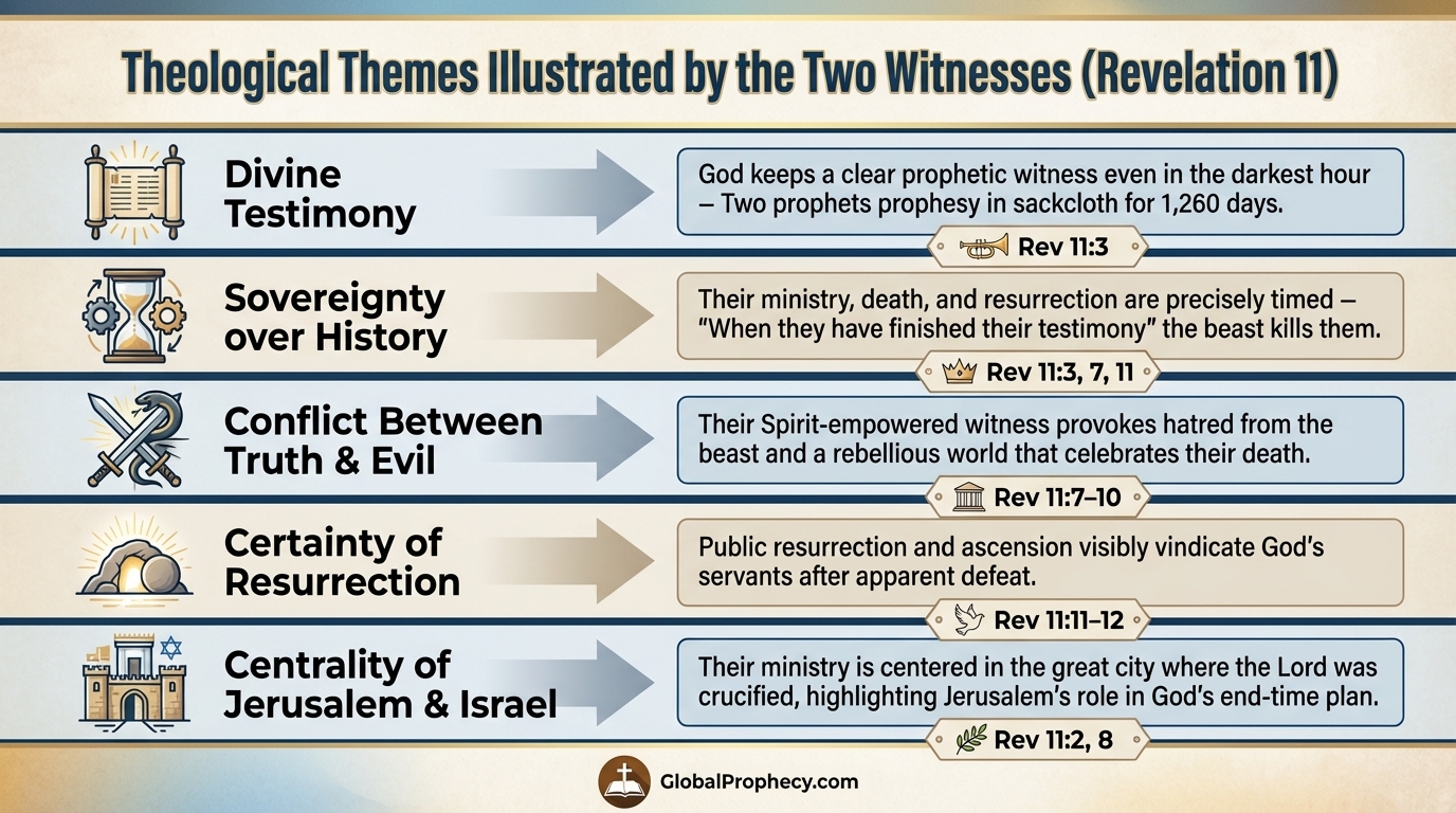 Diagram showing key theological themes illustrated by the two witnesses in Revelation 11.