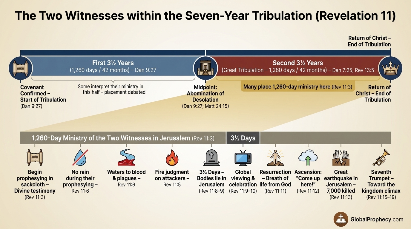 Infographic timeline showing the two witnessesâ 1,260âday ministry within the sevenâyear Tribulation.