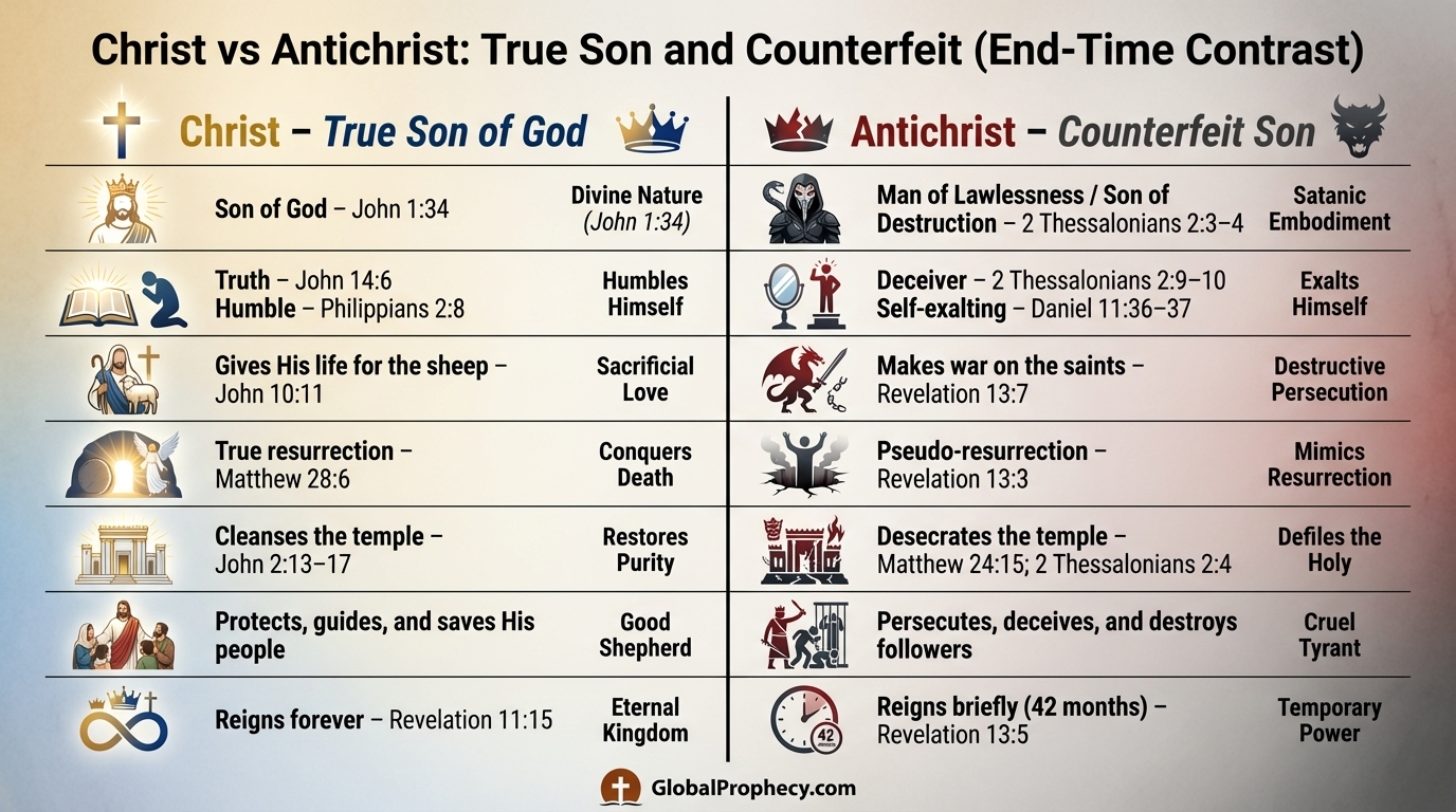 Infographic comparing Christ and the Antichrist as true Son and counterfeit son in end-time prophecy.