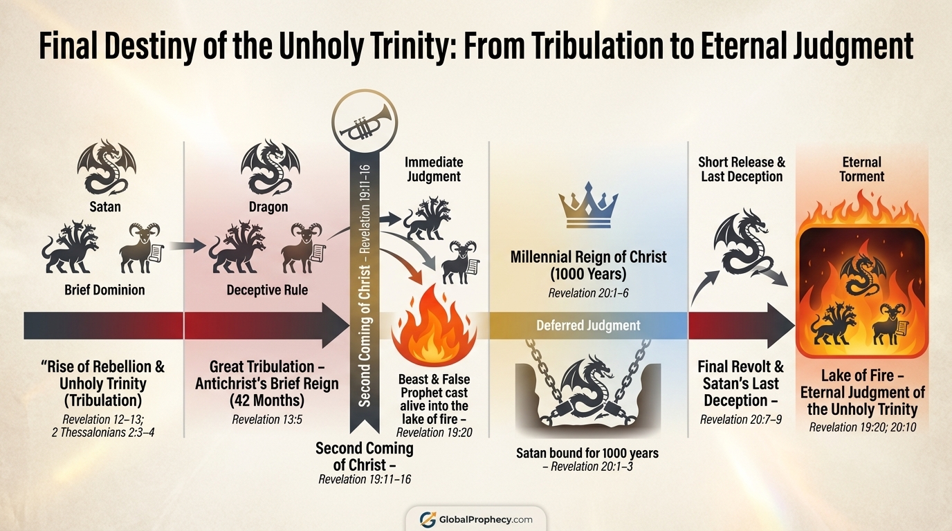 Timeline showing the rise and final judgment of Satan, the Antichrist, and the False Prophet.