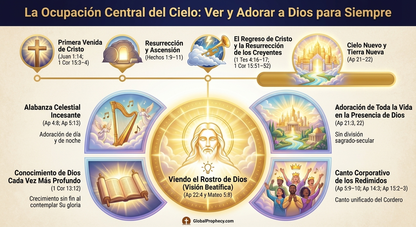 Infografía que muestra cómo ver y adorar a Dios es la actividad central del cielo en el estado eterno.