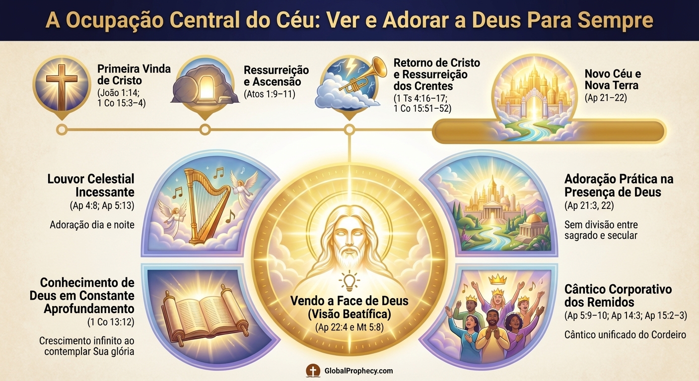 Infográfico mostrando como ver e adorar a Deus é a atividade central do céu no estado eterno.