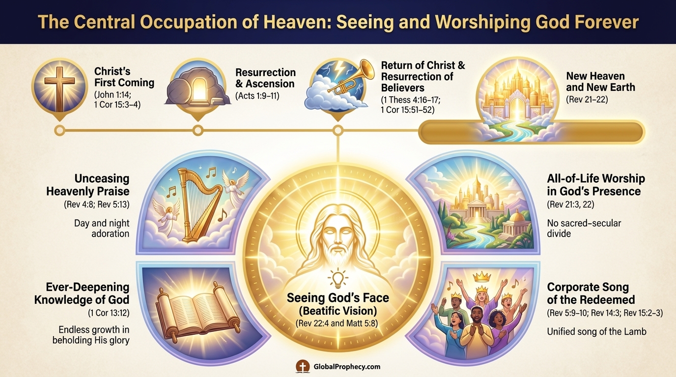Infographic showing how seeing and worshiping God is the central activity of heaven in the eternal state.