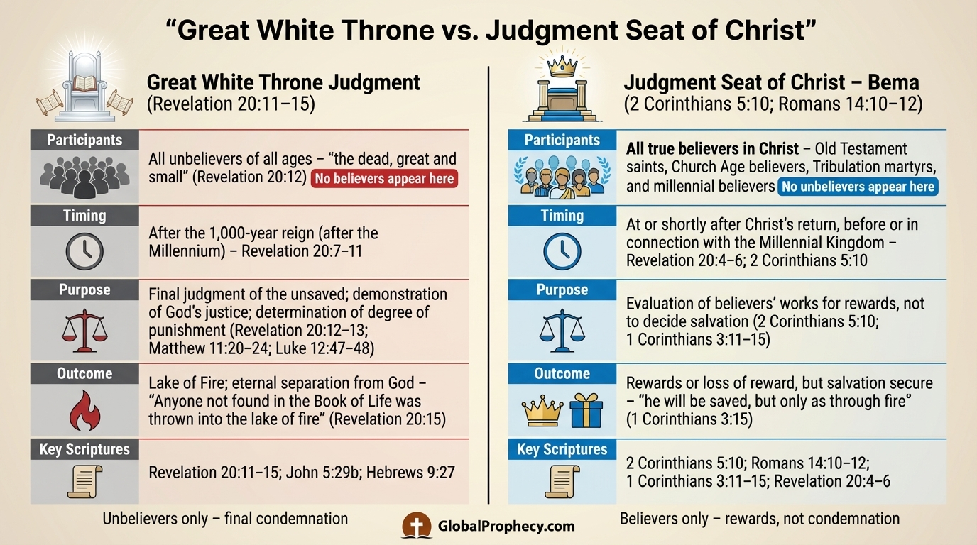 Side-by-side chart comparing the Great White Throne judgment with the judgment seat of Christ.