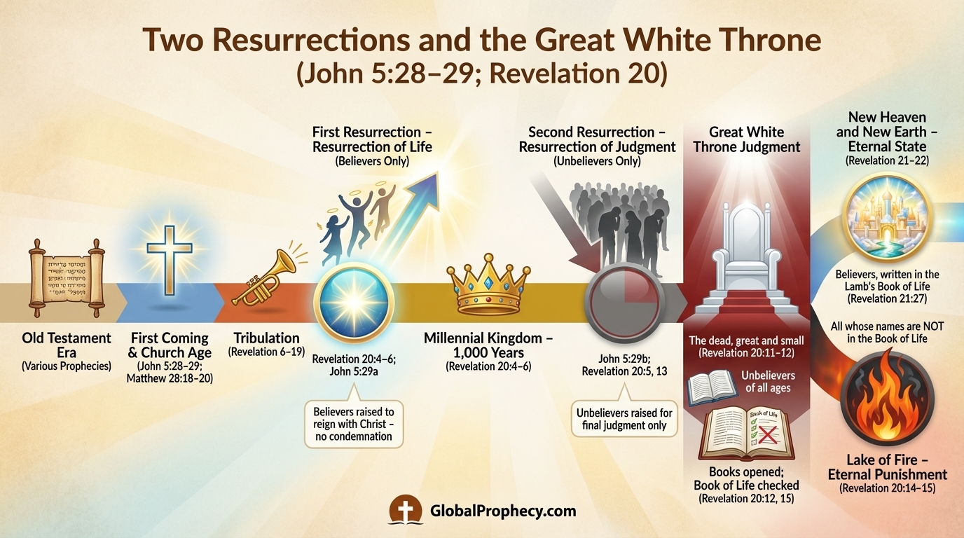Infographic timeline contrasting the first and second resurrections leading to the Great White Throne judgment.